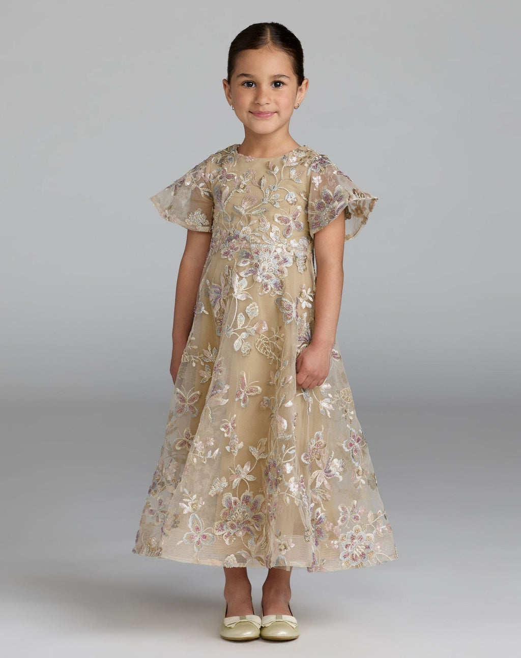 Girls Beige Floral Embroidered A-Line Midi Dress