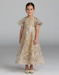 Girls Beige Floral Embroidered A-Line Midi Dress