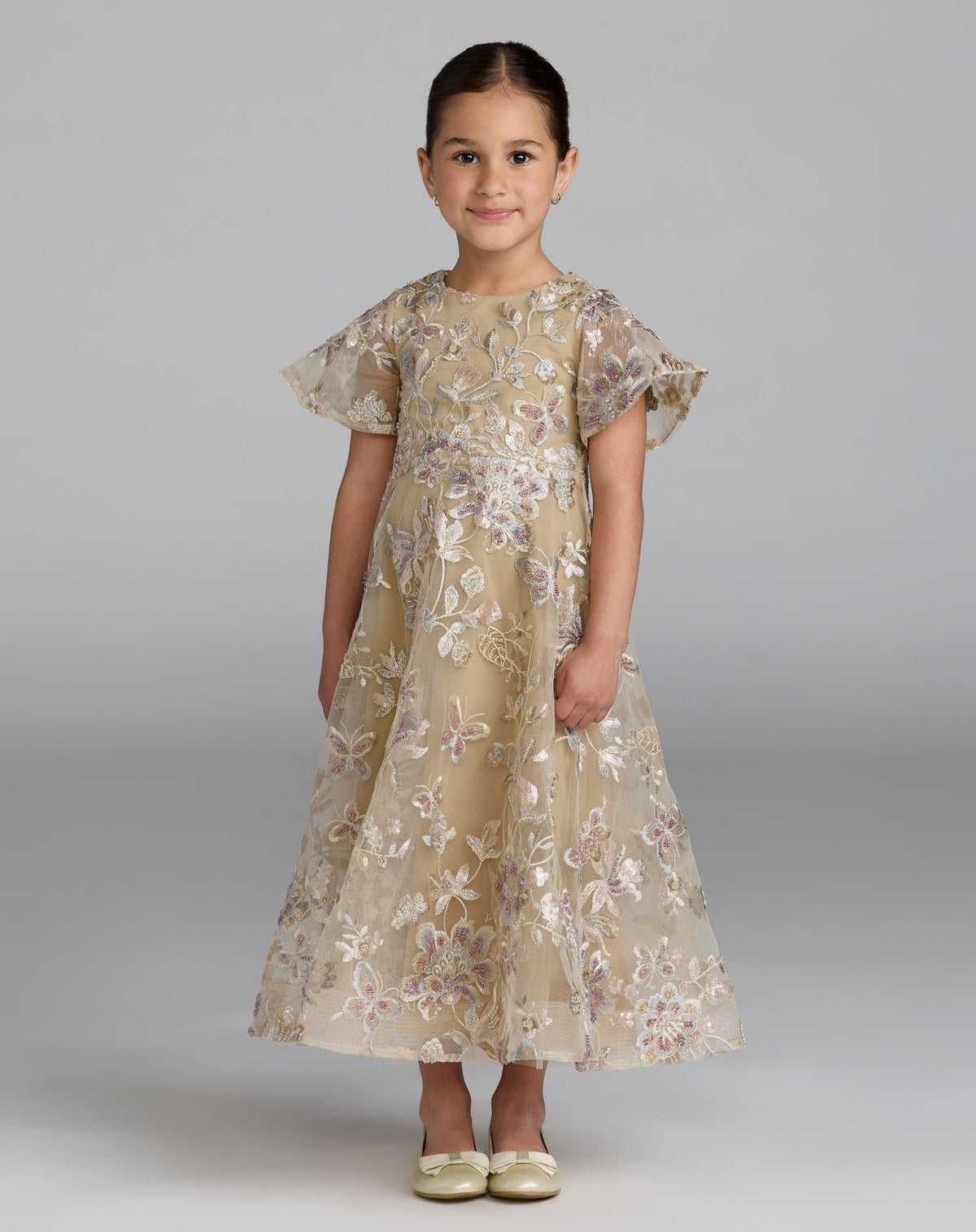 Girls Beige Floral Embroidered A-Line Midi Dress