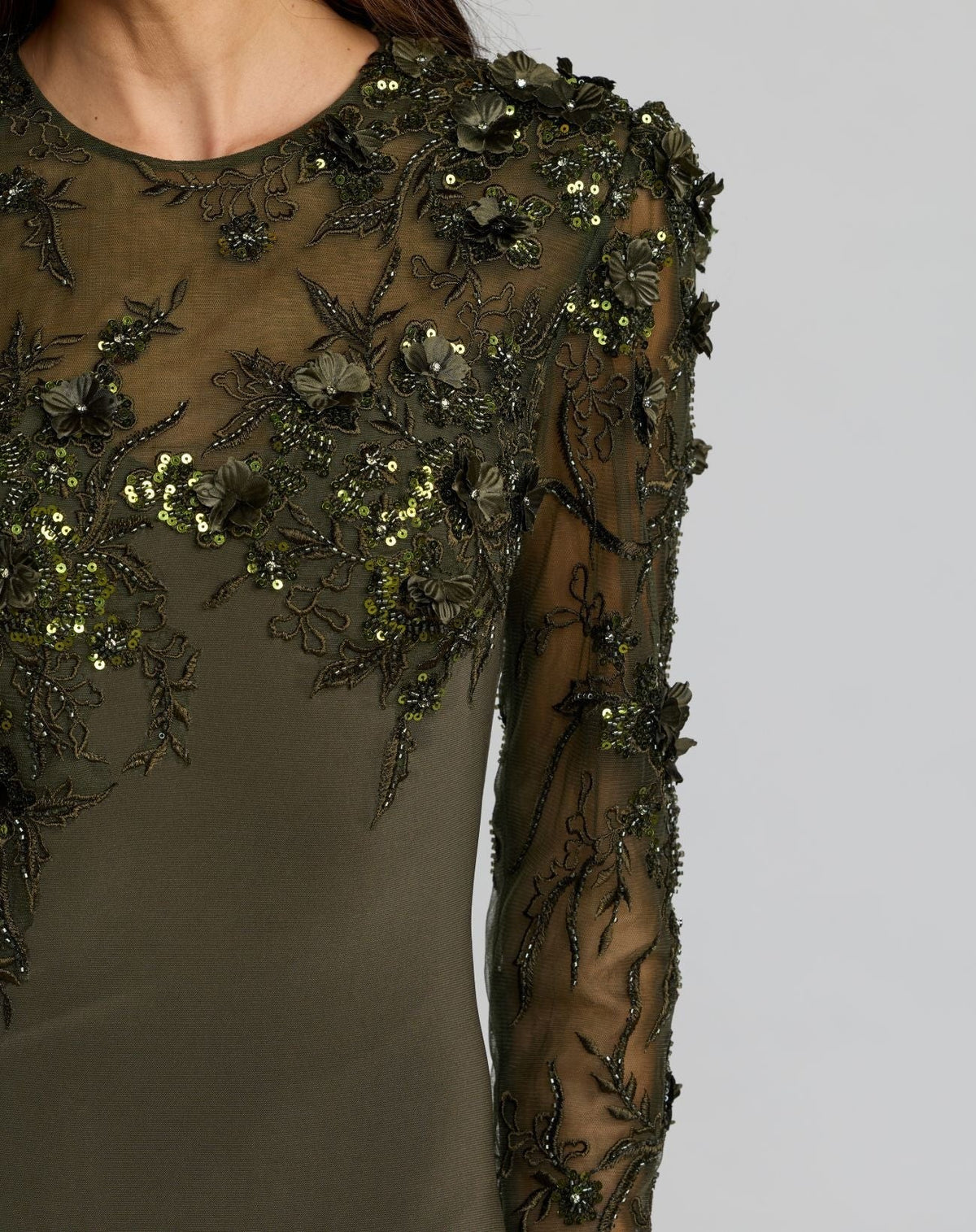Olive Green Long Sleeve Floral Embellished Column Gown