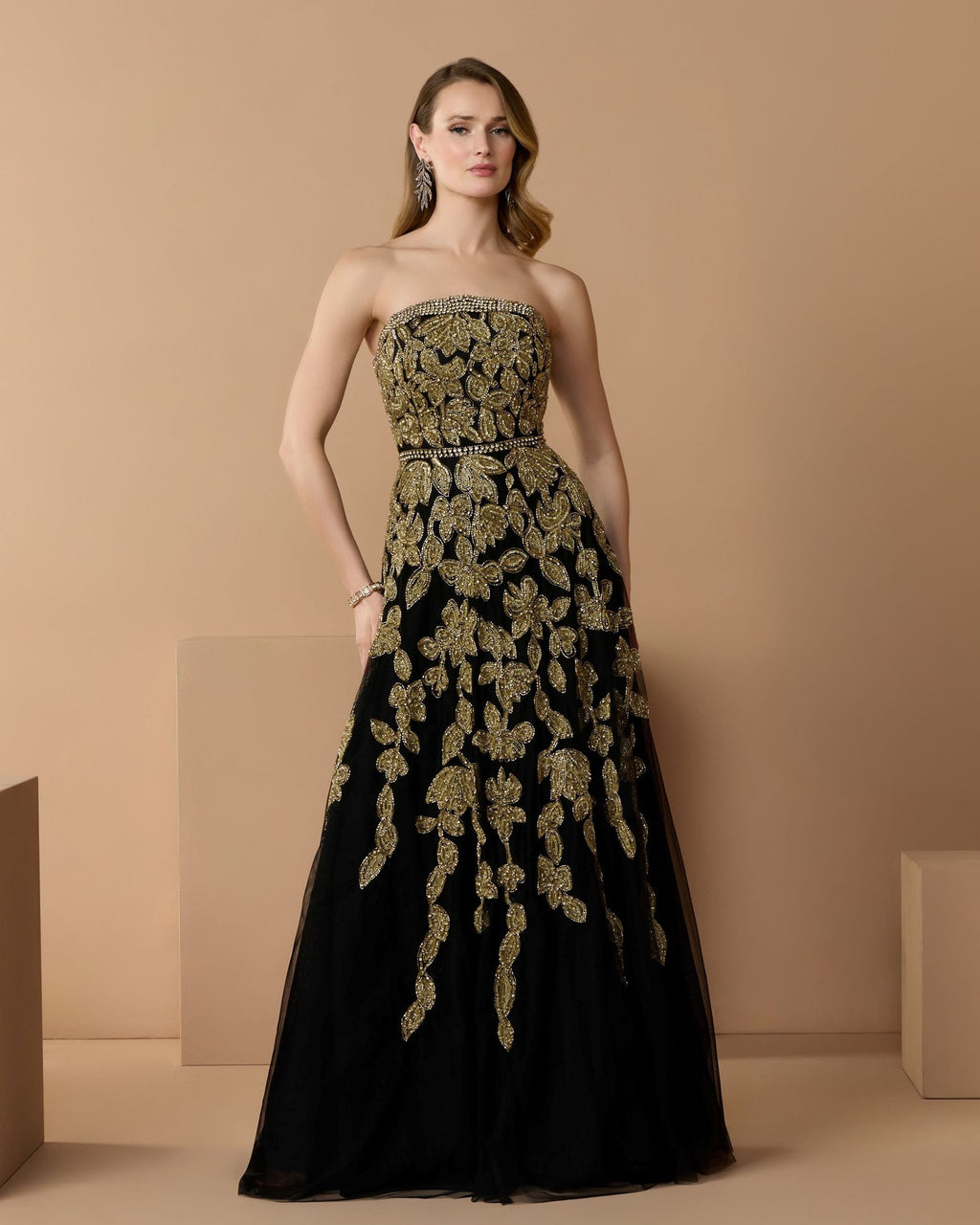 Black Gold Floral Embellished Strapless A-Line Gown