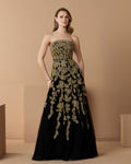 Black Gold Floral Embellished Strapless A-Line Gown