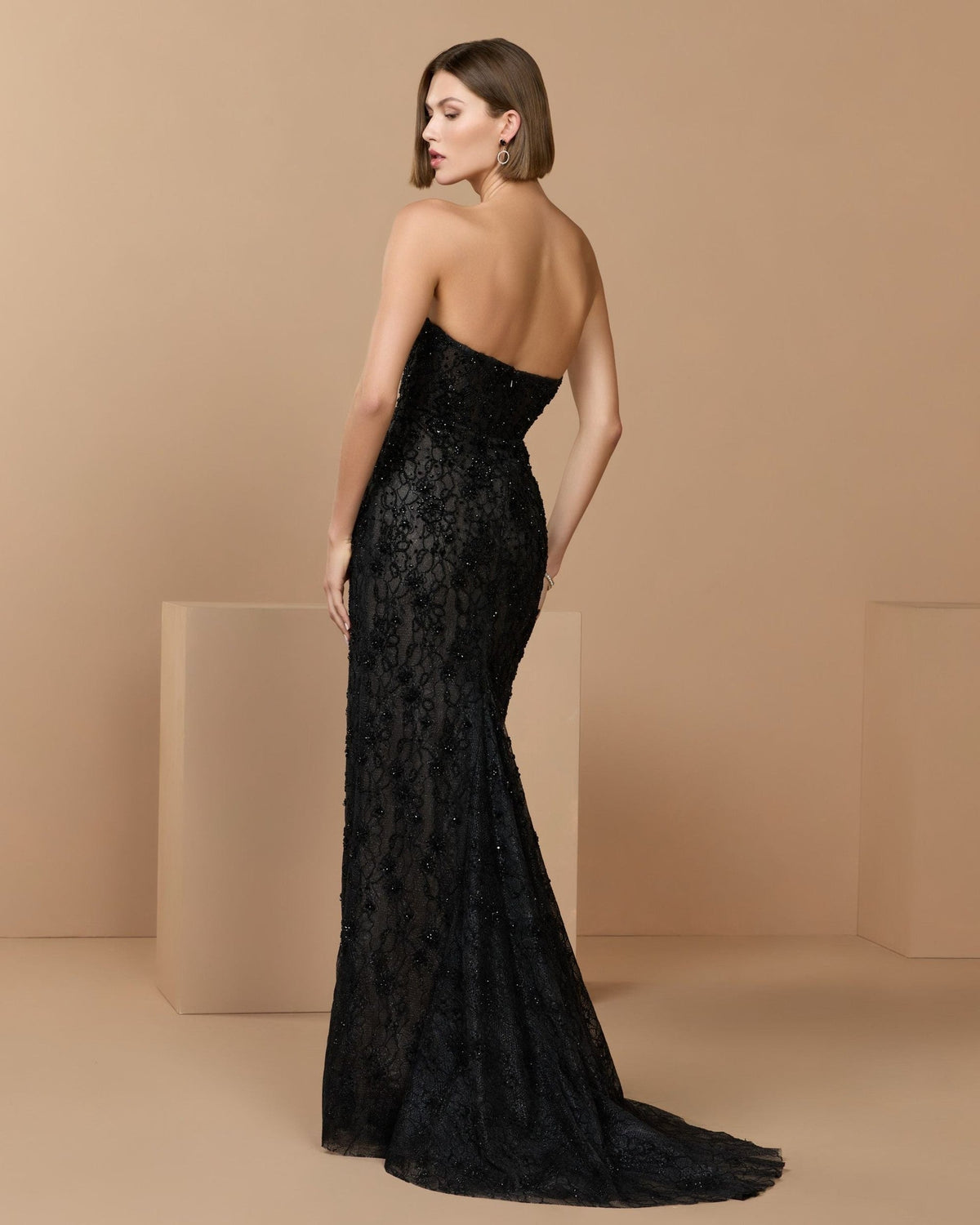 Black Embellished Strapless Bustier Gown With Sweeping Train