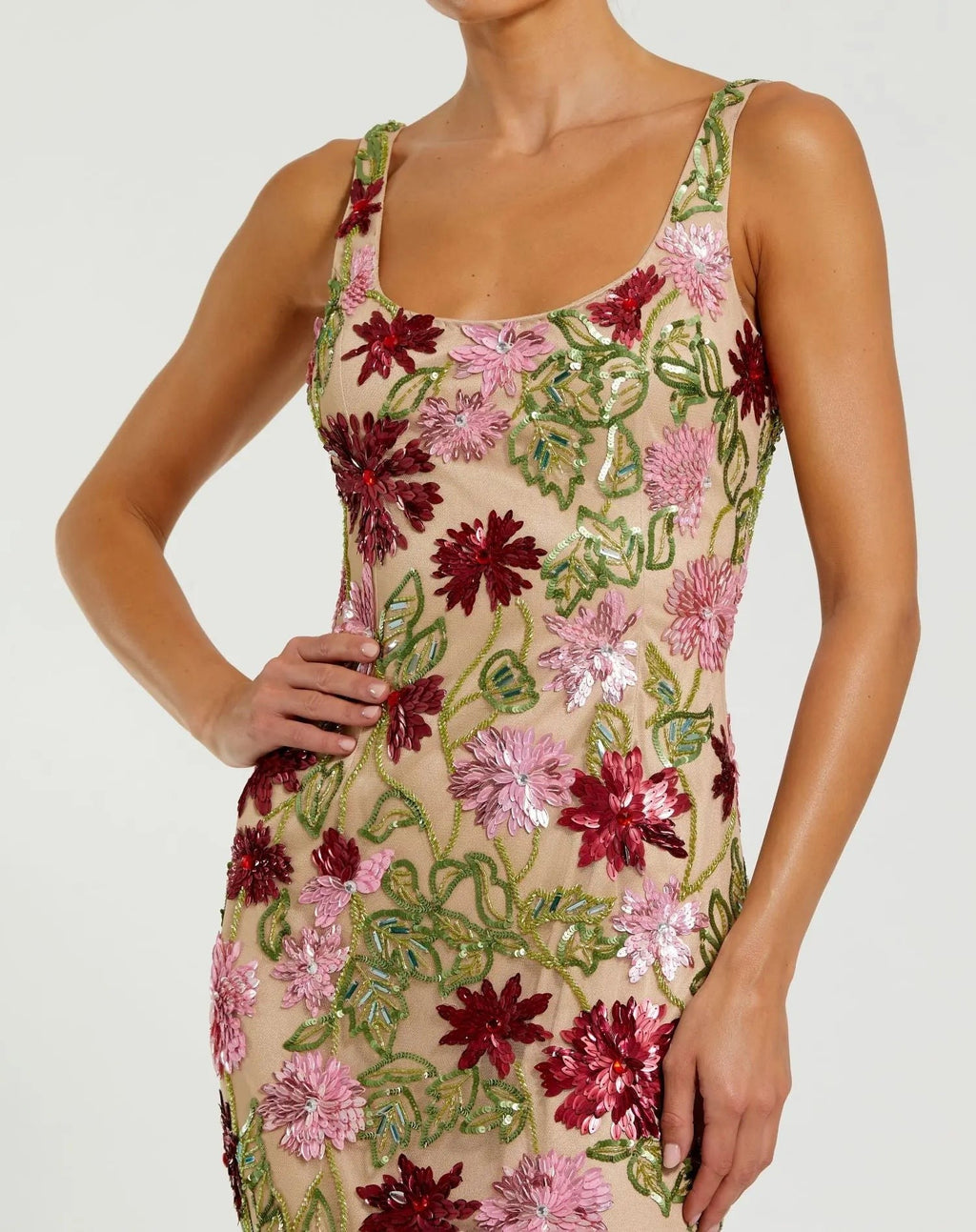 Beige Floral Beaded Scoop Neck Midi Dress