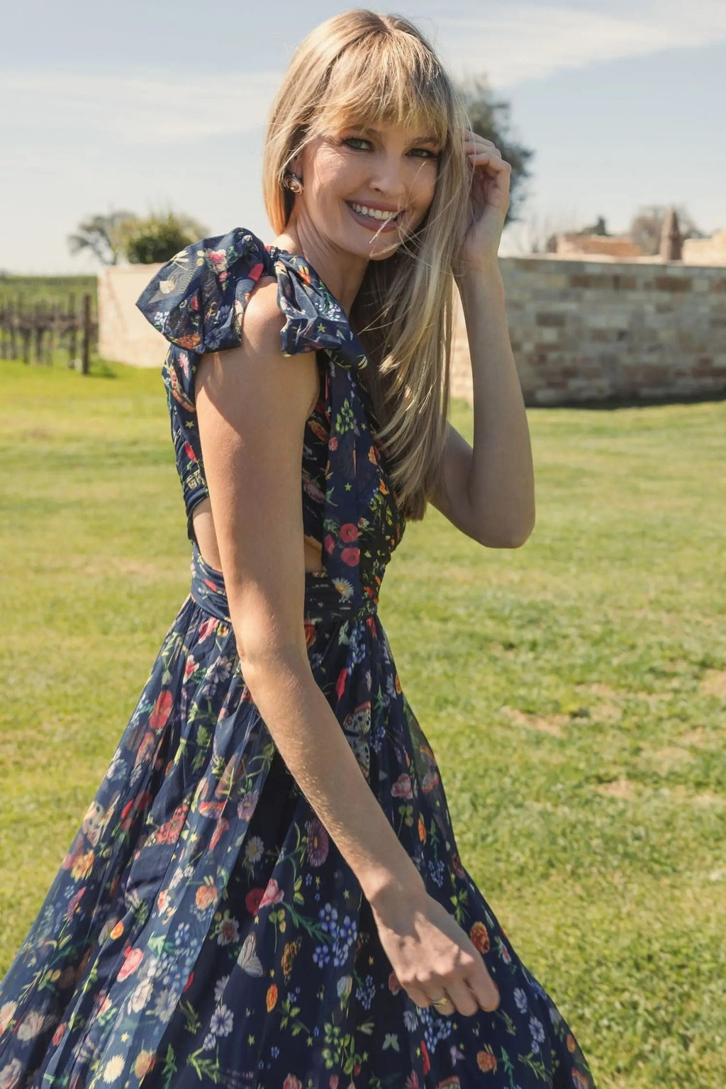 Navy Tied One Shoulder Cut-Out Flowy Gown
