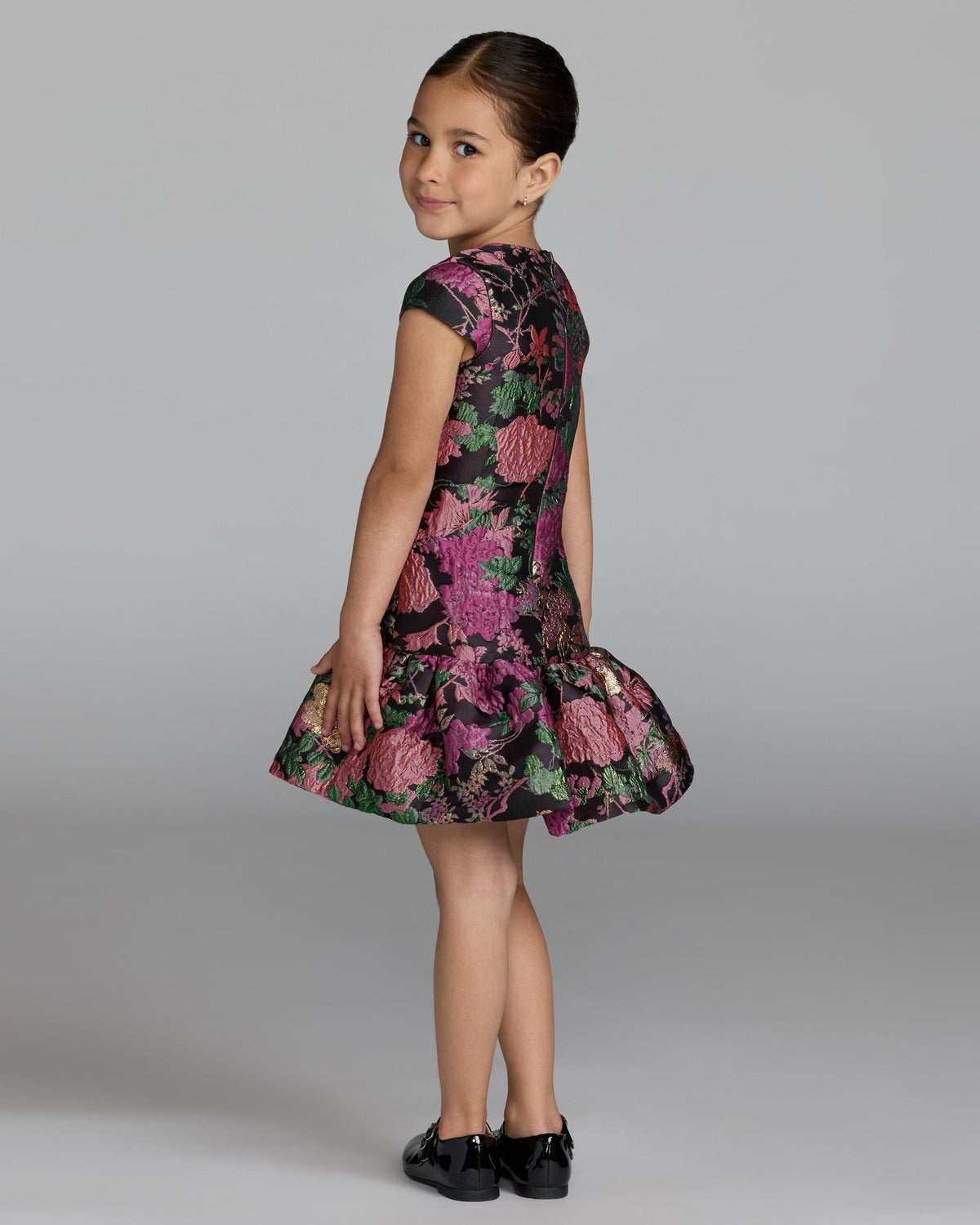 Girls Black Multi Floral Brocade Drop Waist Mini Dress