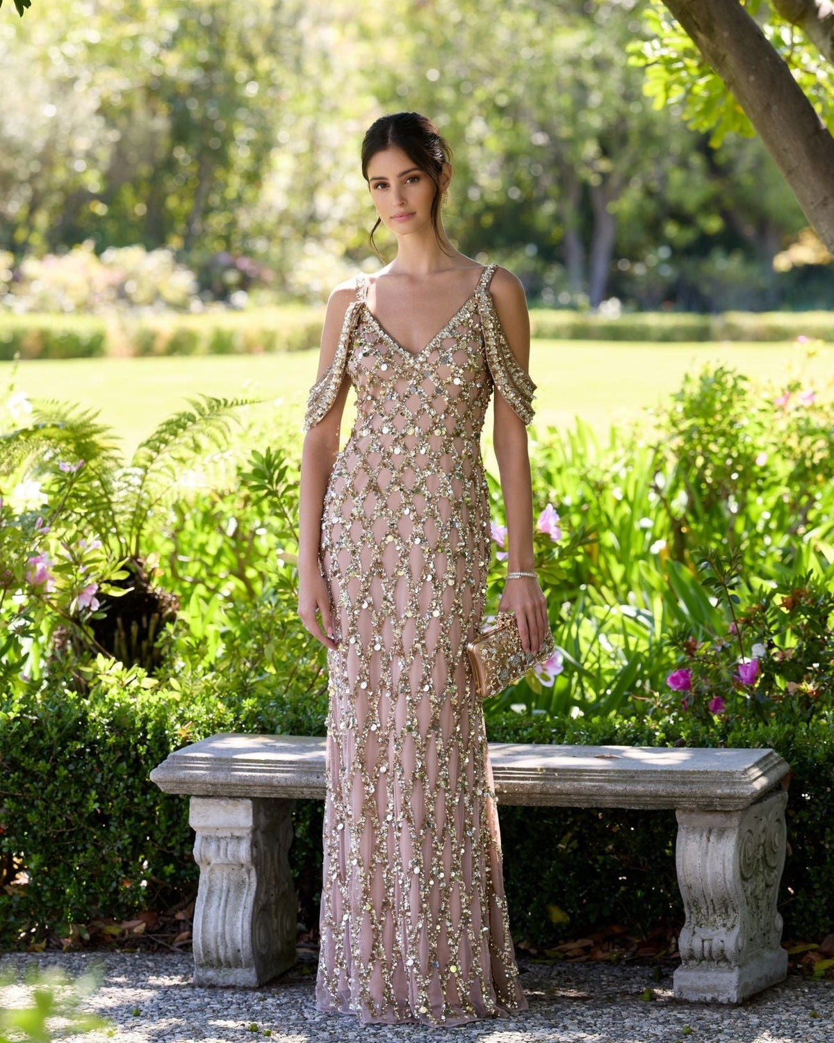 Gold Sequin Embellished V-Neck Gown