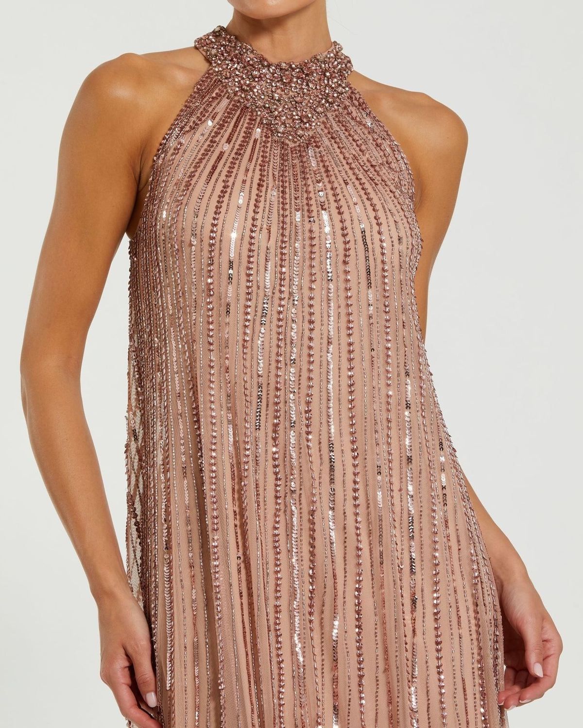 Pink Sleeveless Halter Embellished Trapeze Gown