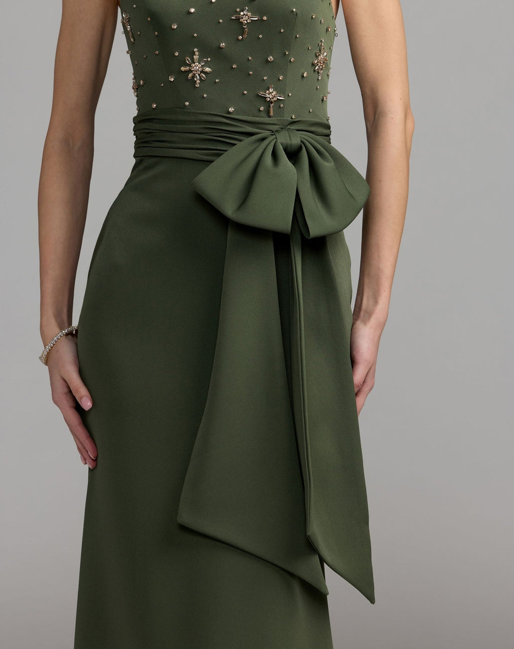 Forest Green Embellished One Shoulder Crepe Gown With Bow