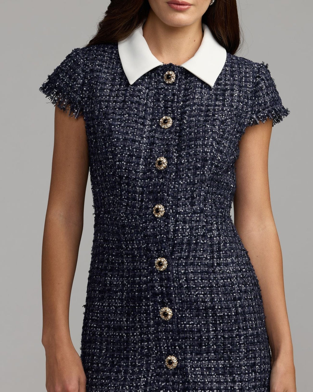 Navy Embellished Boucle Collared Mini Dress