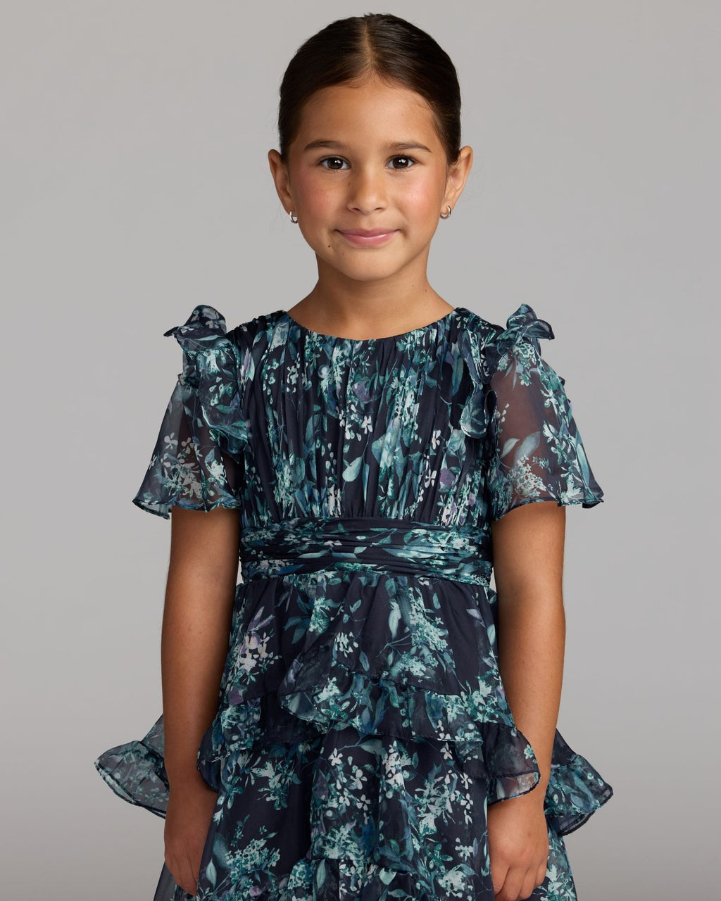 Girls Midnight Multi Floral Chiffon Tiered Ruffle Dress