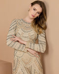Beige Long Sleeve Hand Beaded A-Line Gown