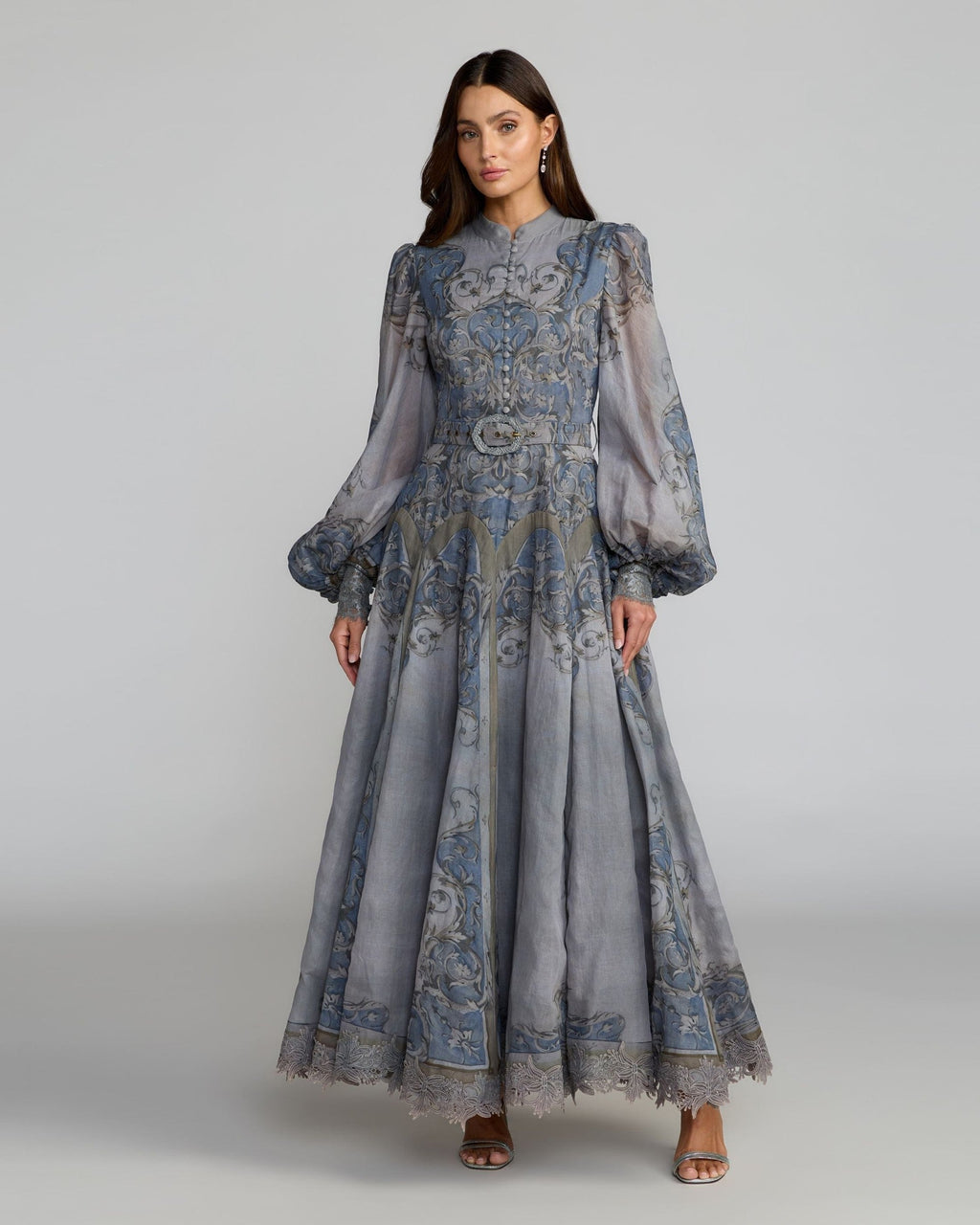 Petite Slate Blue Bishop Sleeve Printed Cotton A-Line Dress