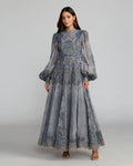 Petite Slate Blue Bishop Sleeve Printed Cotton A-Line Dress
