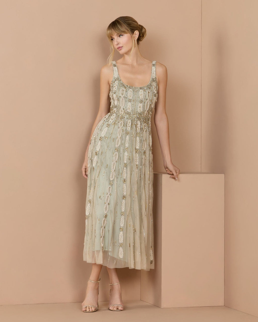 Petite Nude Sage Sleeveless Scoop Neck Embellished Midi Dress