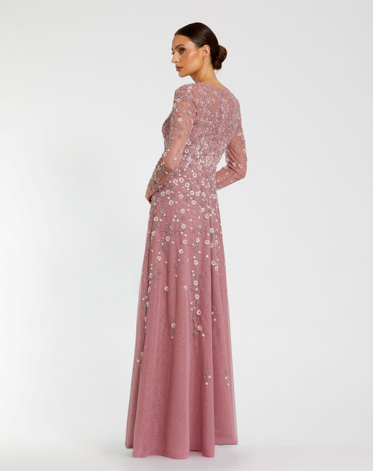 Berry Embellished Wrap Over Illusion Long Sleeve A Line Gown
