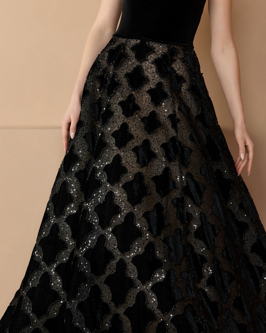 Black Strapless Velvet Bodice Embellished Ball Gown