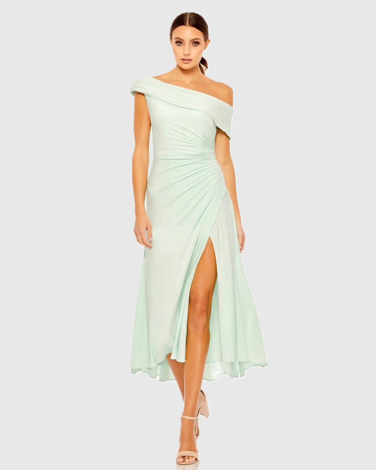 Ruched Off-The-Shoulder Midi Dress