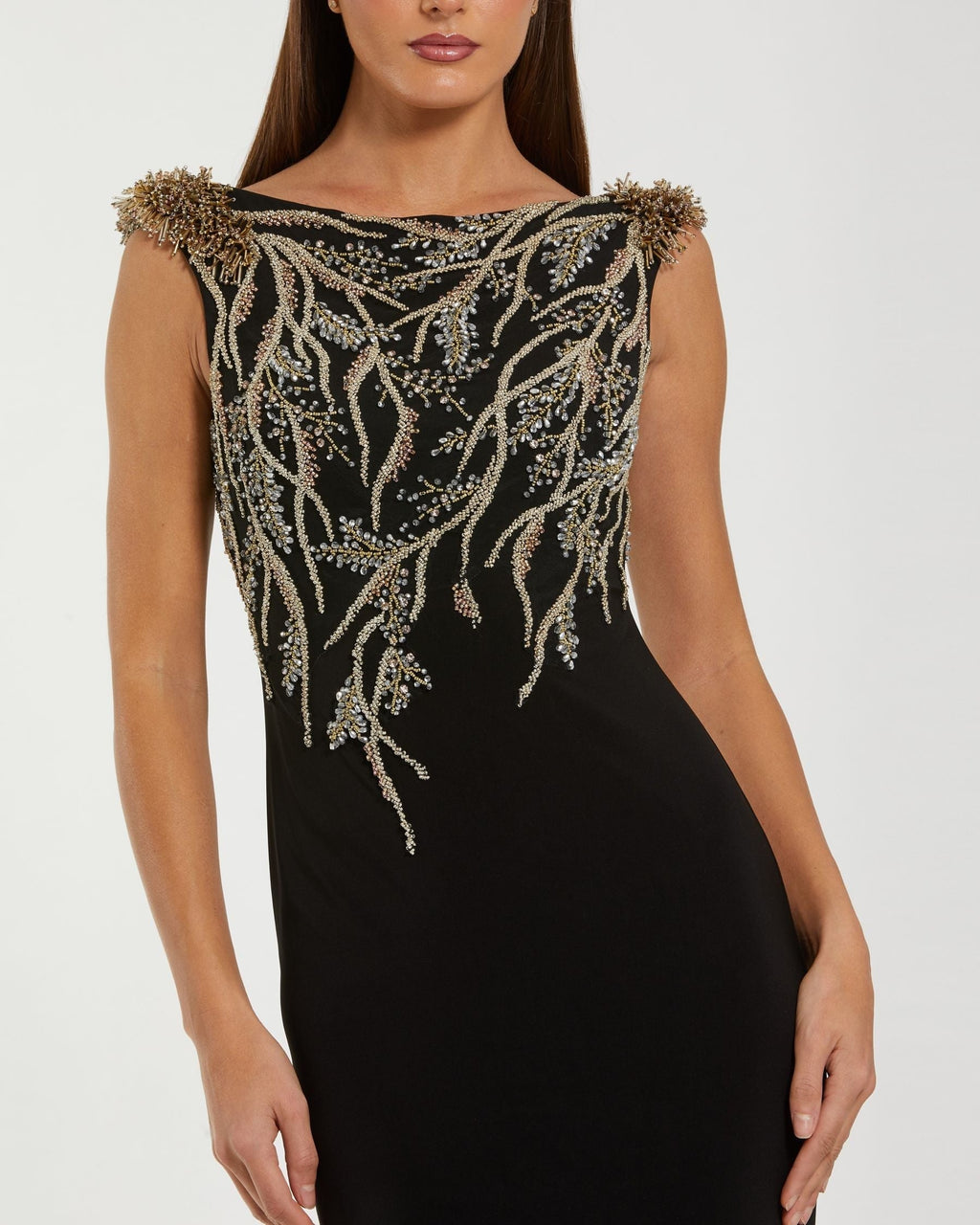 Black Hand Beaded Cap Sleeve Jersey Gown