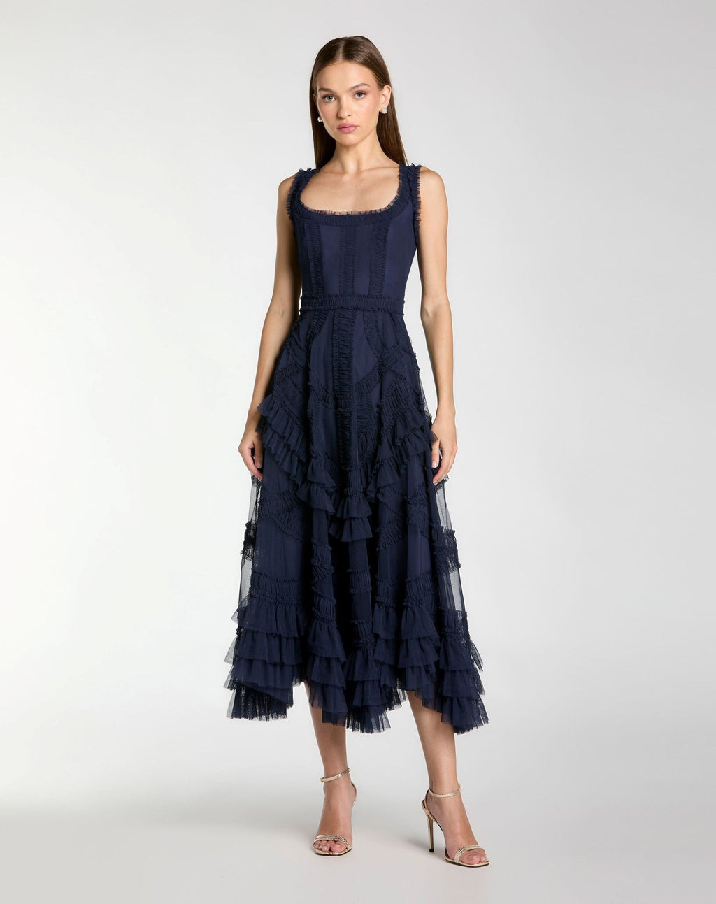 Navy Scoop Neck Sleeveless Micro Ruffle Midi Dress