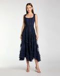 Navy Scoop Neck Sleeveless Micro Ruffle Midi Dress