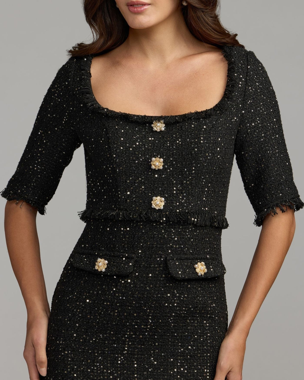 Black Sequin Boucle Midi Dress