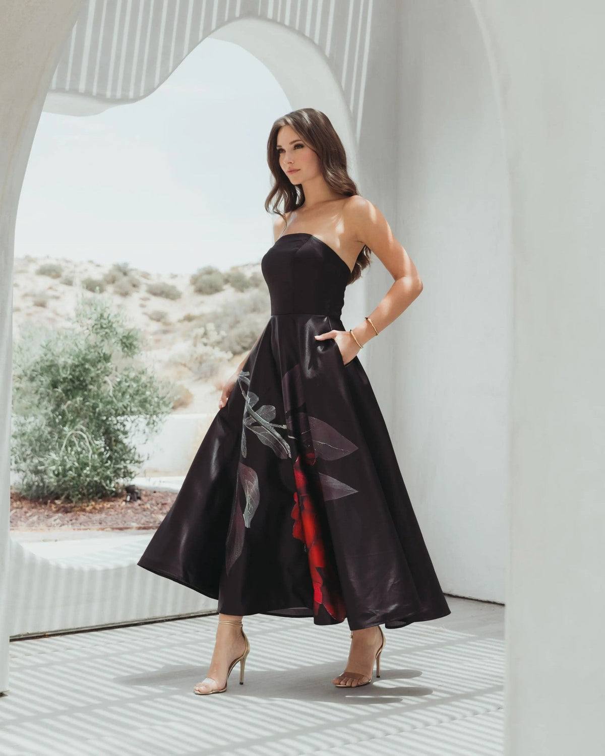 Black Printed Satin Strapless Midi Dress With Pockets