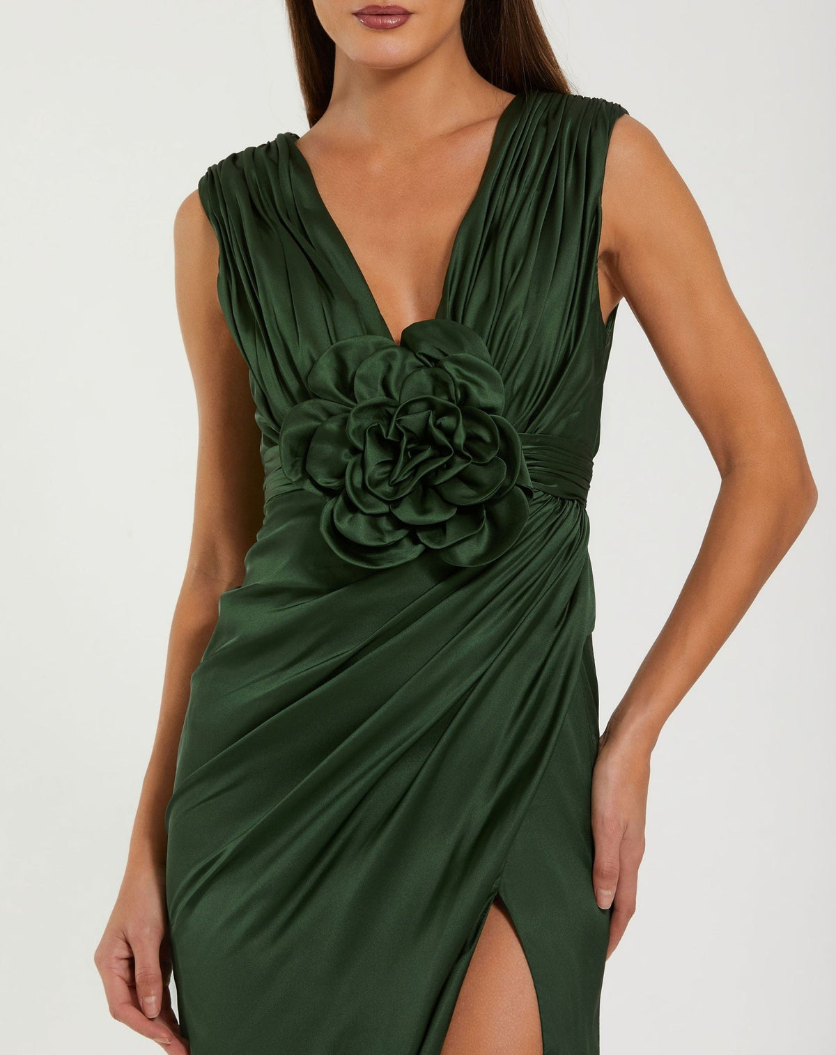 Pear Charmeuse Plunge Neck Gown With 3D Flower