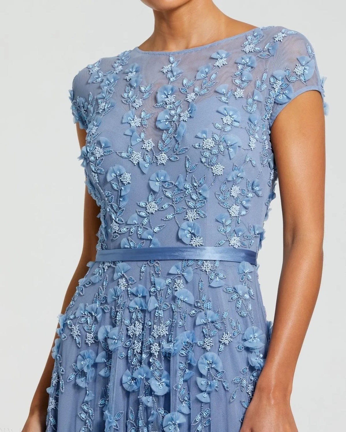 Sky Blue Floral Embellished Cap Sleeve Gown