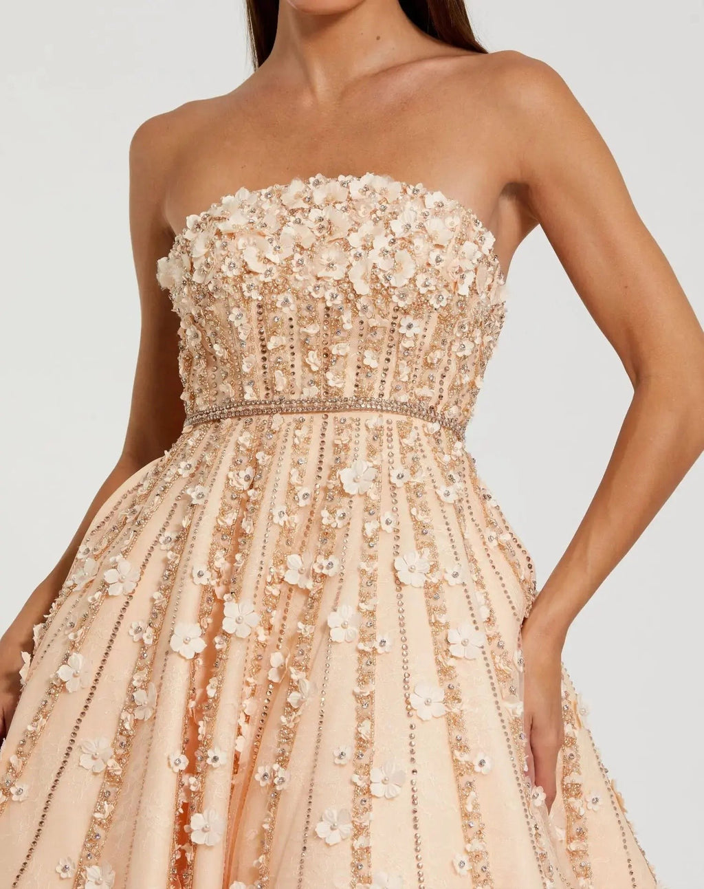 Champagne Strapless Floral Embellished Midi Dress