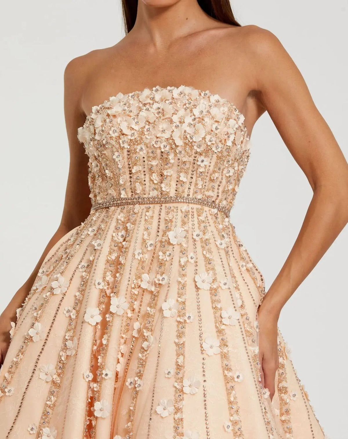 Champagne Strapless Floral Embellished Midi Dress