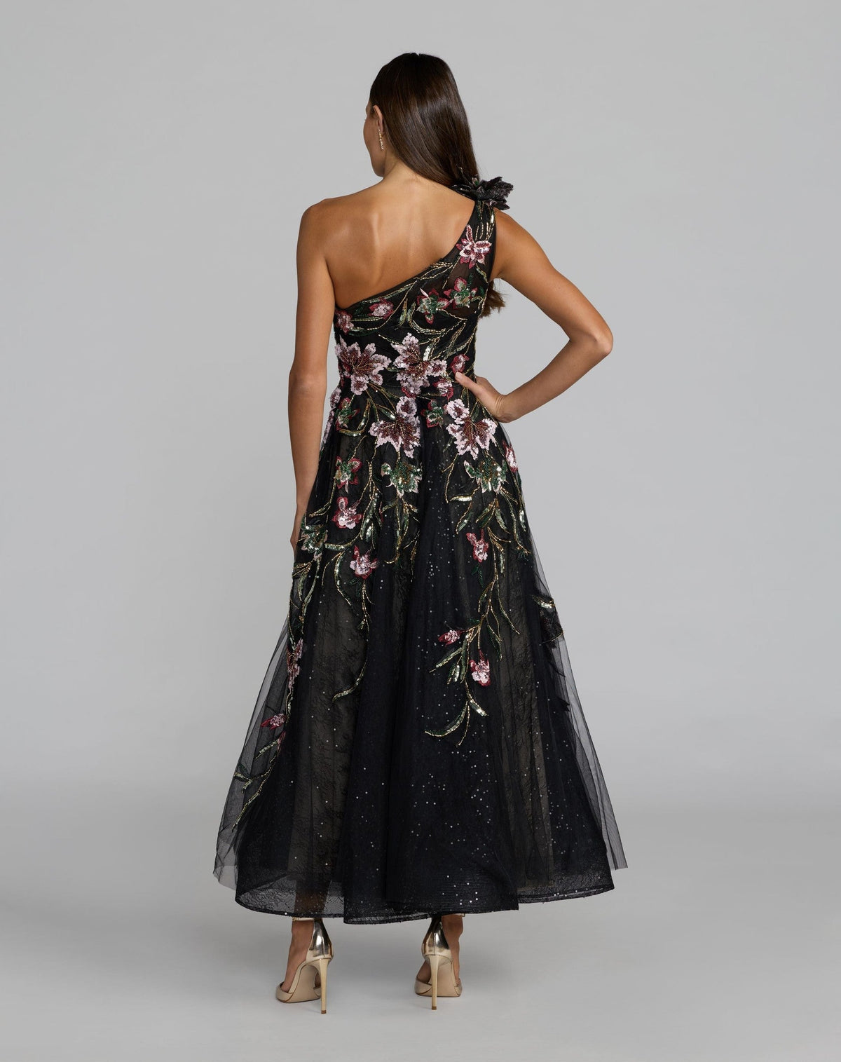 Black Embroidered Floral One Shoulder A-Line Dress