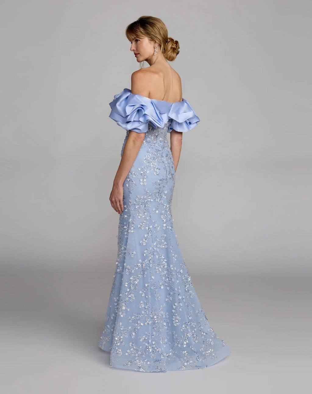 Periwinkle Embellished Mermaid Gown With Off The Shoulder Ruffle