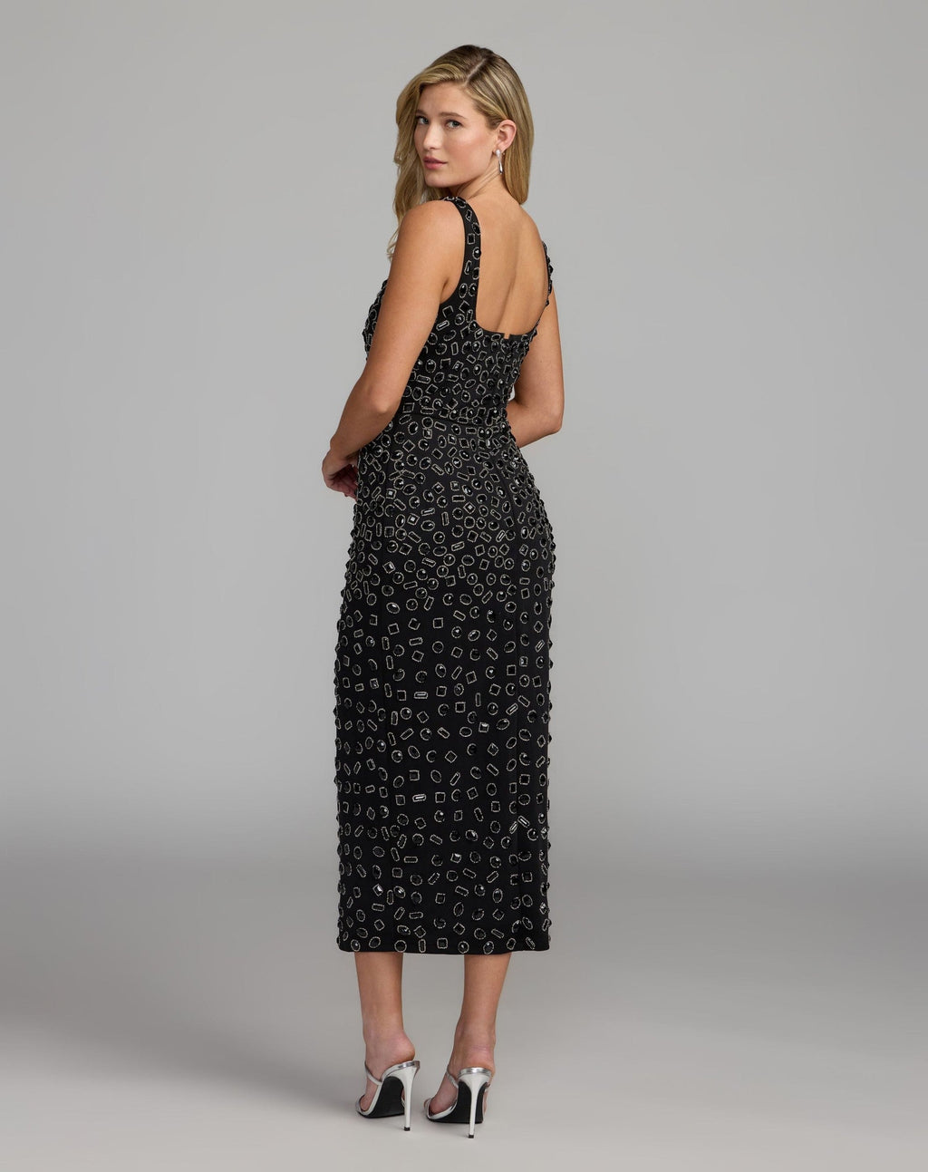 Black Scoop Neck Beaded Scuba Midi Dress