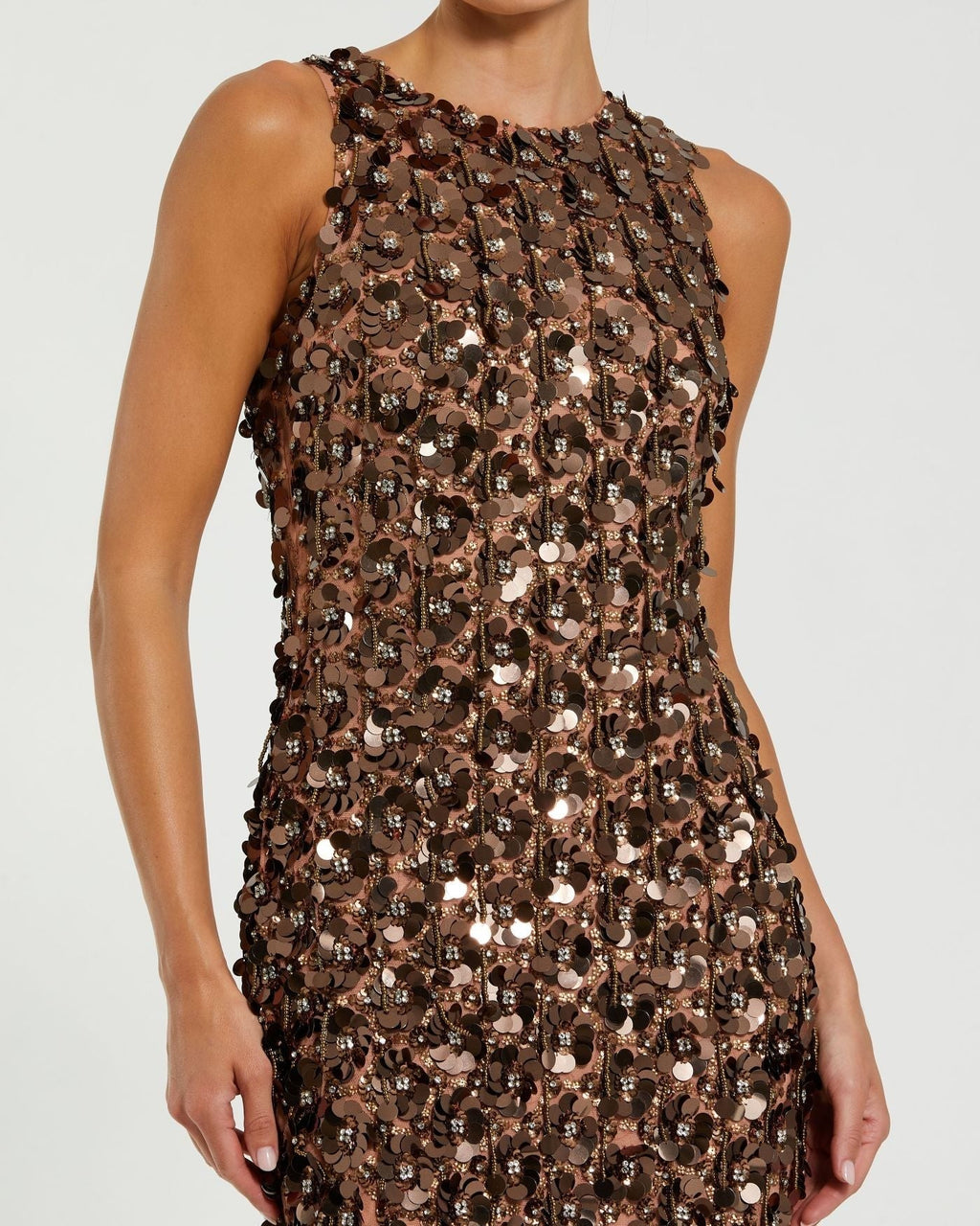 Bronze Sequin Embellished Sleeveless Gown With Beaded Fringe
