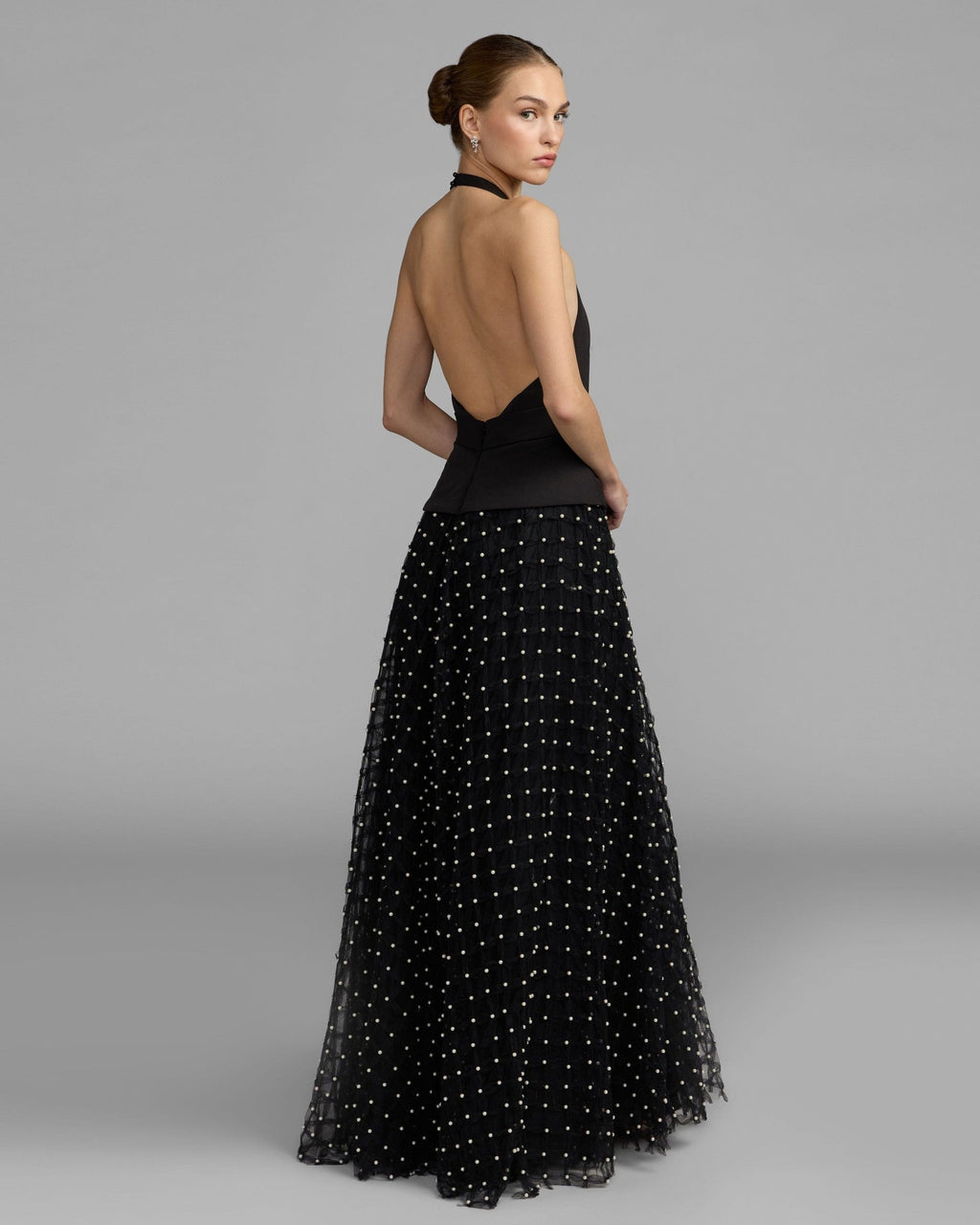 Petite Black Halter Pearl Embellished A-Line Gown