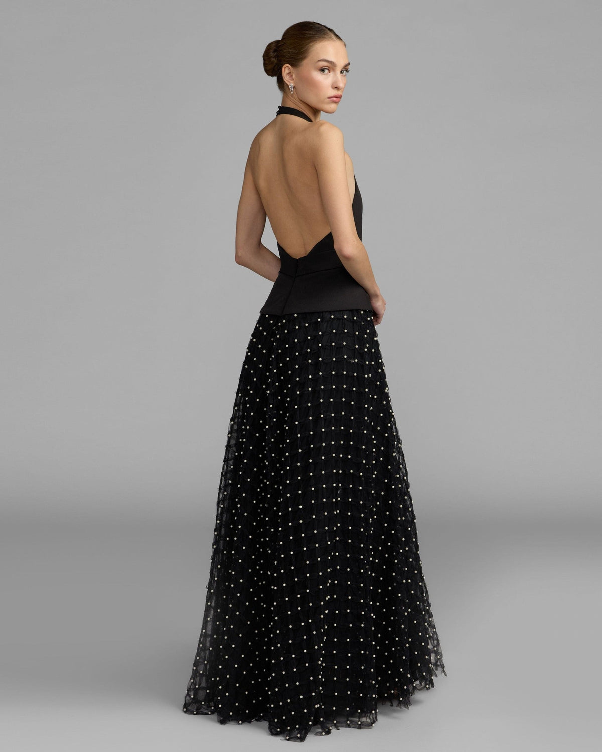 Petite Black Halter Pearl Embellished A-Line Gown