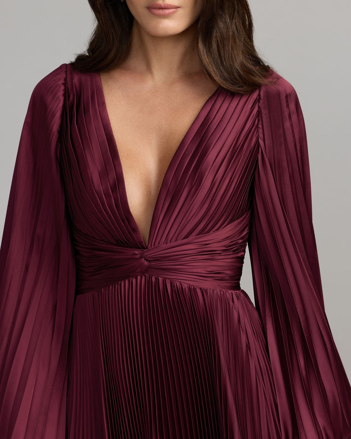 Wine Pleated Satin Long Sleeve Gown