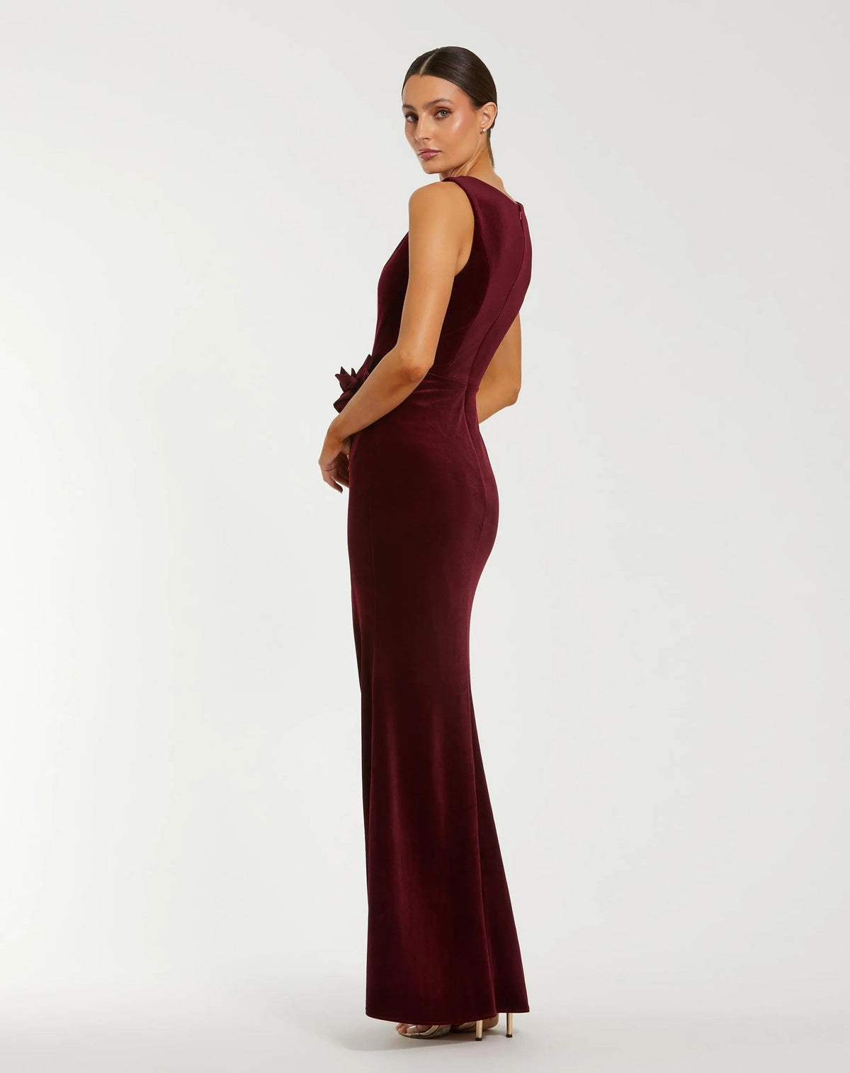 Burgundy High Neck Velvet Column Gown With 3D Flowers
