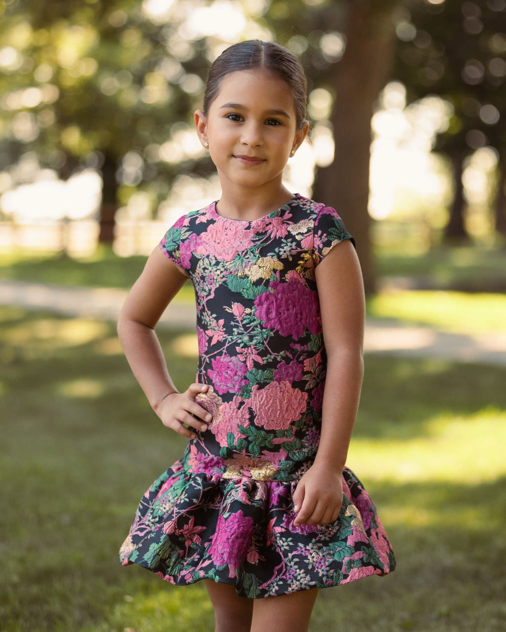 Girls Black Multi Floral Brocade Drop Waist Mini Dress