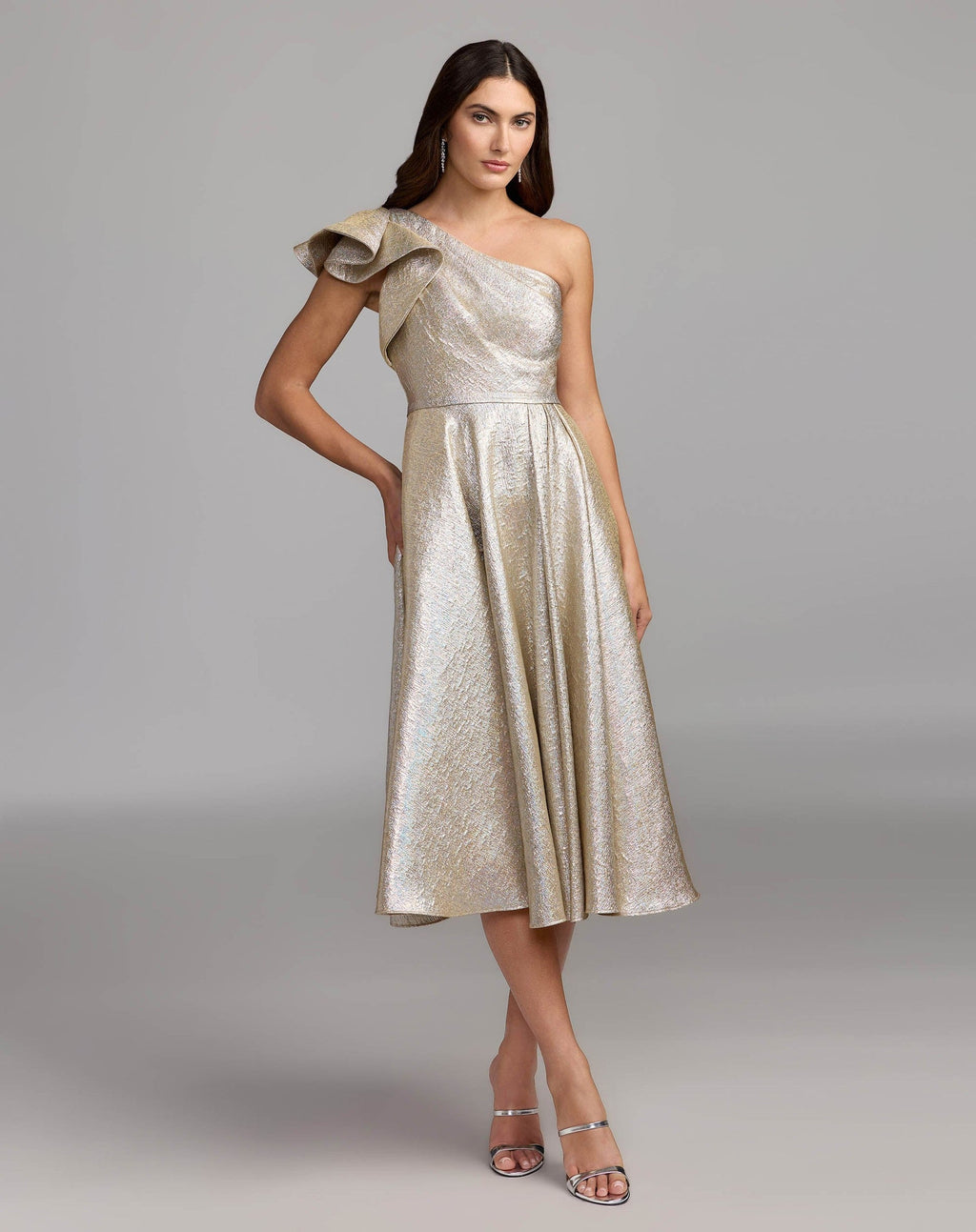 Oyster Metallic Ruffle One Shoulder Midi Dress