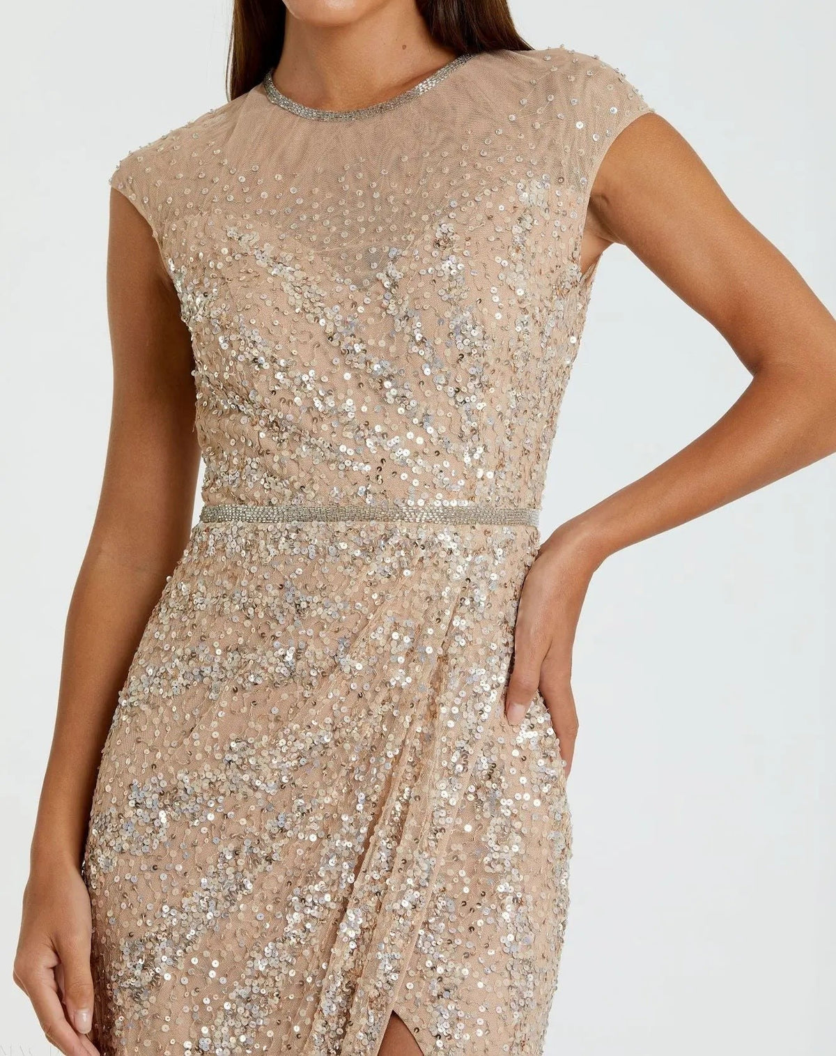 Beige Embellished Illusion High Neck Cap Sleeve Gown
