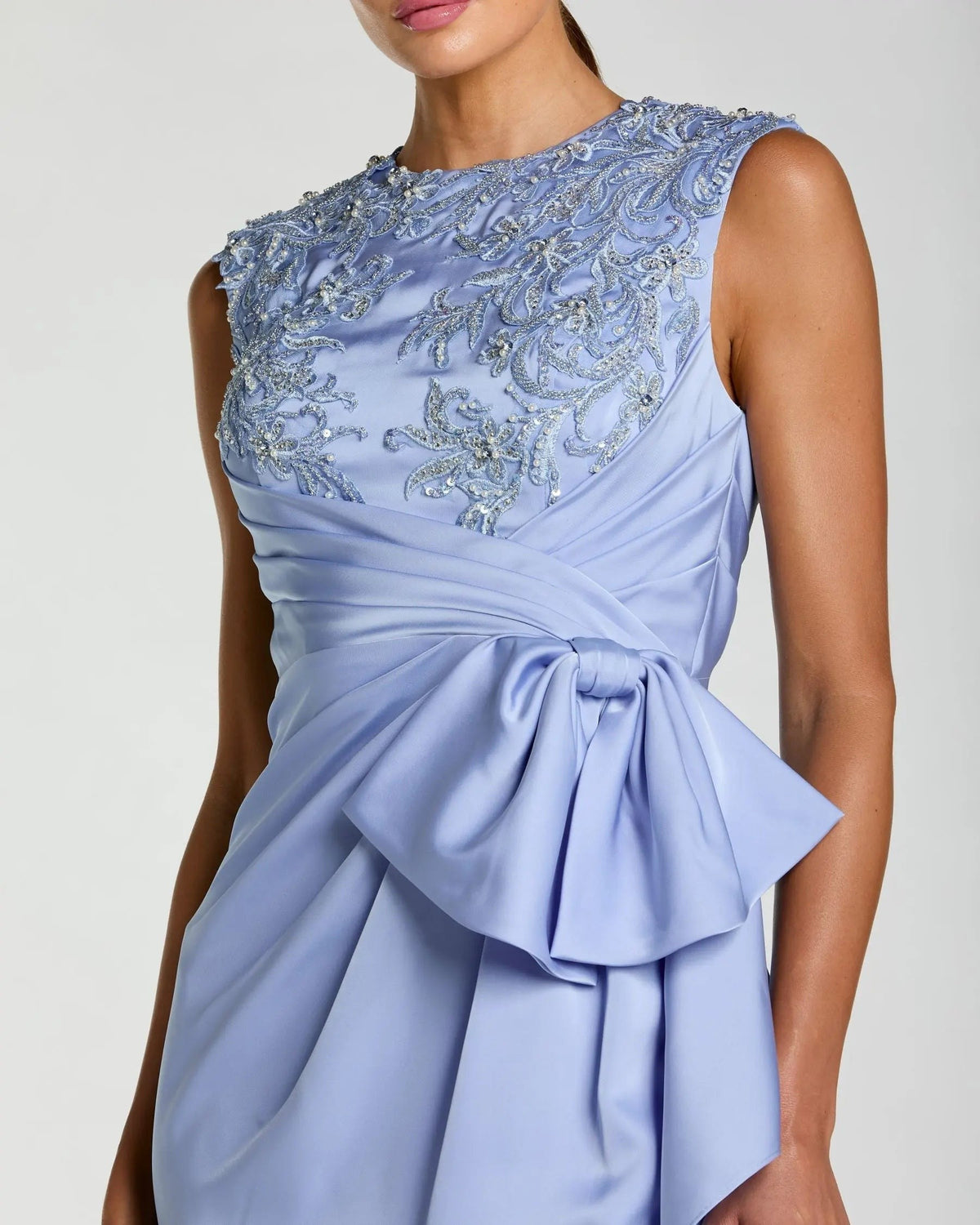 Powder Blue Beaded Satin Midi Dress with Bow