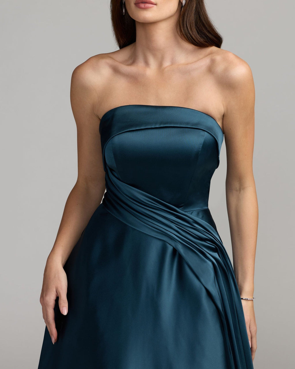 Navy Strapless Draped Satin Ball Gown