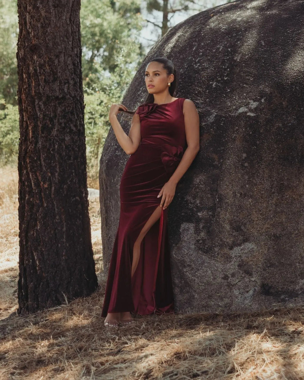 Burgundy High Neck Velvet Column Gown With 3D Flowers