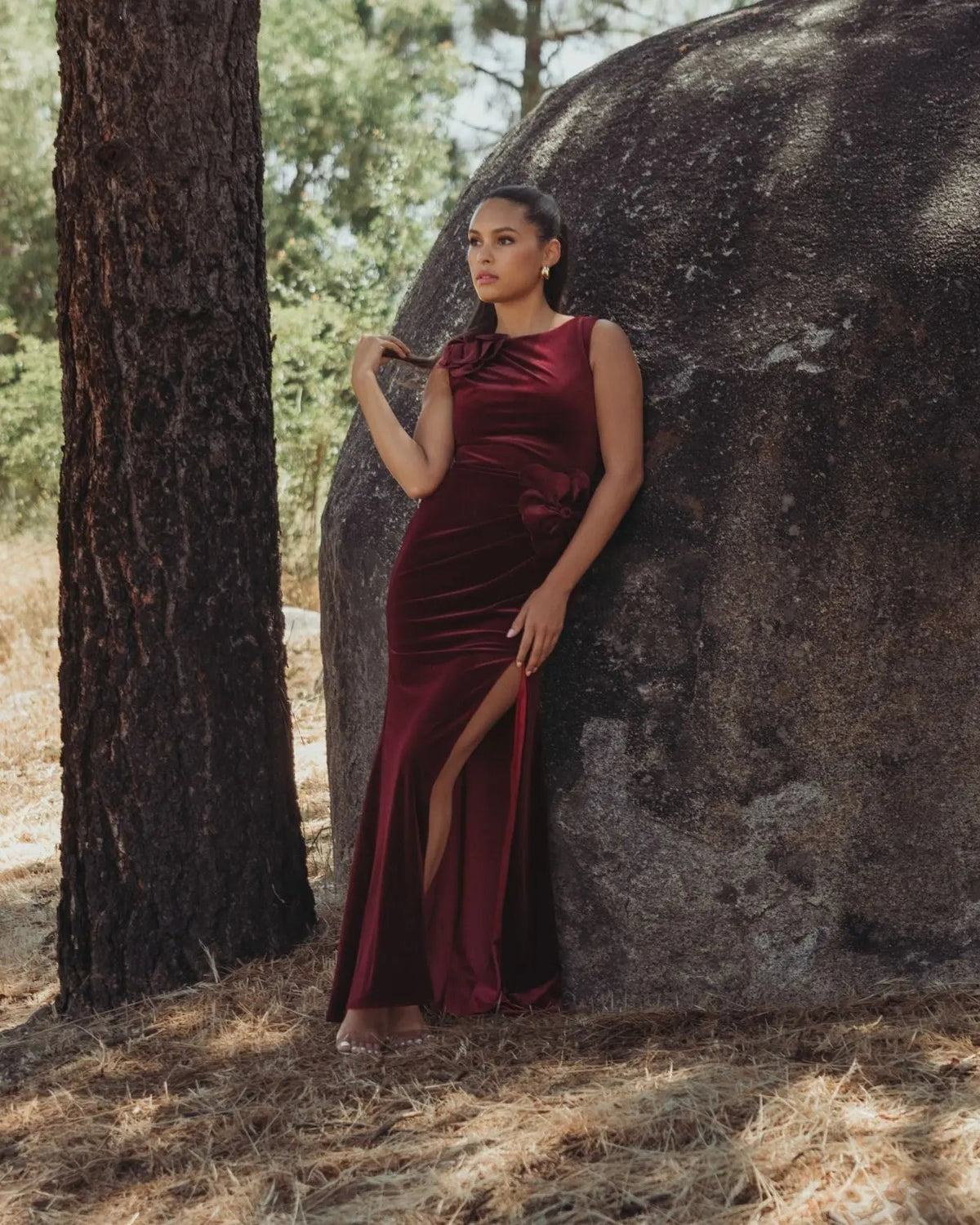 Burgundy High Neck Velvet Column Gown With 3D Flowers
