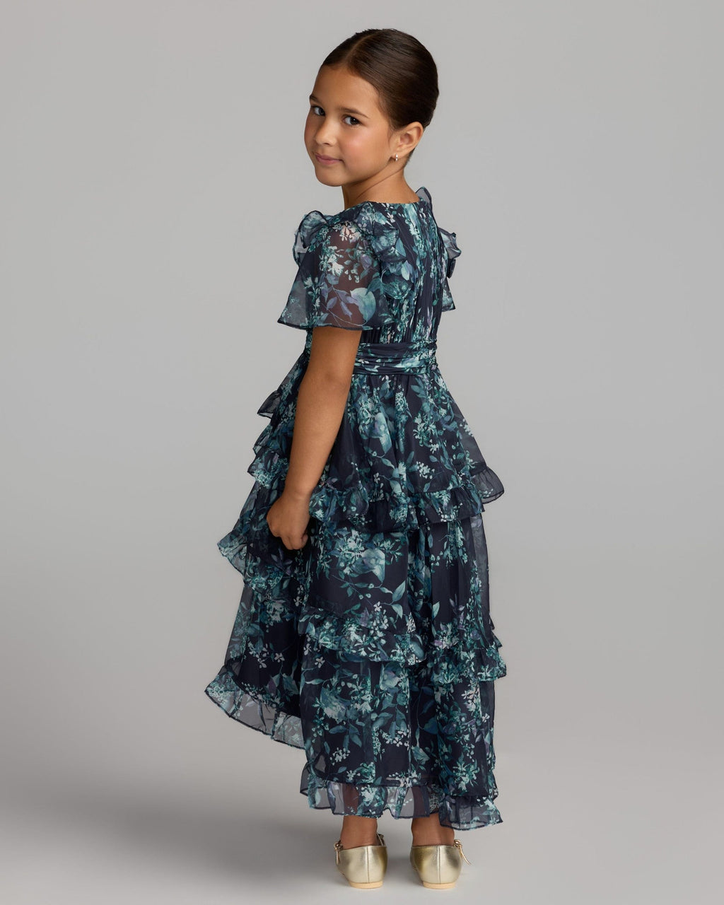 Girls Midnight Multi Floral Chiffon Tiered Ruffle Dress