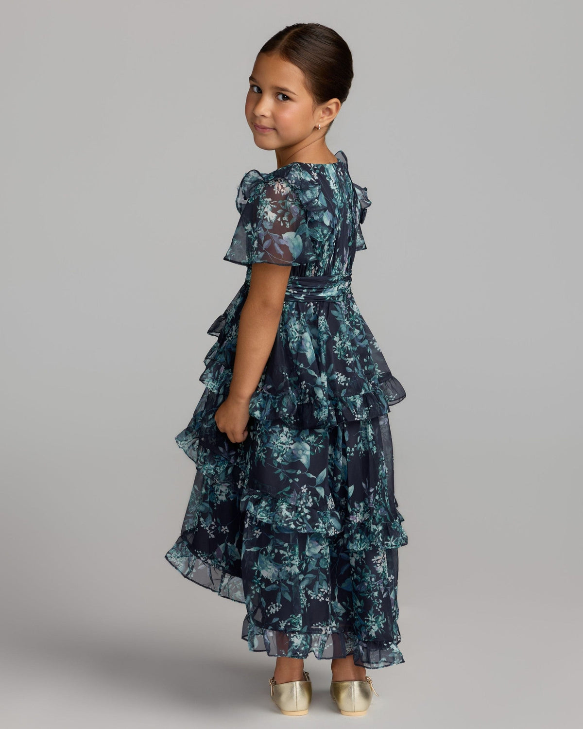 Girls Midnight Multi Floral Chiffon Tiered Ruffle Dress