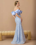 Periwinkle Embellished Mermaid Gown With Off The Shoulder Ruffle