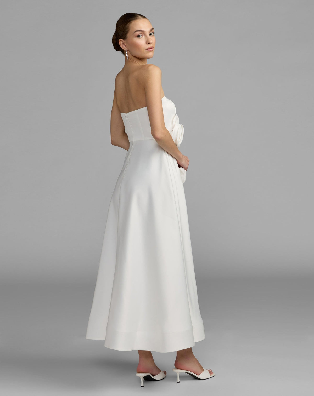 Ivory Strapless Satin A-Line Dress With 3D Flowers